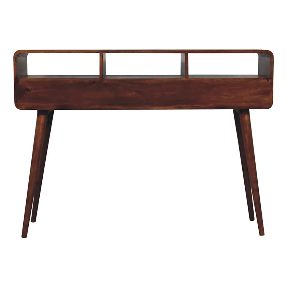 Artisan Furniture Bois massif Triple courbé châtaignier console, 3 tiroirs, 3 étagères, marron