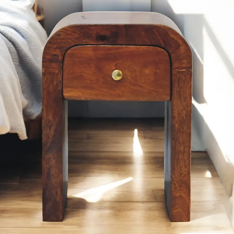 Artisan Furniture Bois massif Mini Darcy châtaignier table de chevet avec courbé Edges, 1 tiroir, marron foncé