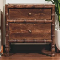 Artisan Furniture Bois massif cadre en bambou table de chevet in amande grillée, 2 tiroirs, marron