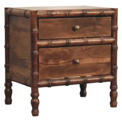 Artisan Furniture Bois massif cadre en bambou table de chevet in amande grillée, 2 tiroirs, marron