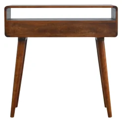 Artisan Furniture Bois massif courbé châtaignier console, 2 tiroirs, 1 niche ouverte, marron foncé