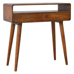 Artisan Furniture Bois massif courbé châtaignier console, 2 tiroirs, 1 niche ouverte, marron foncé