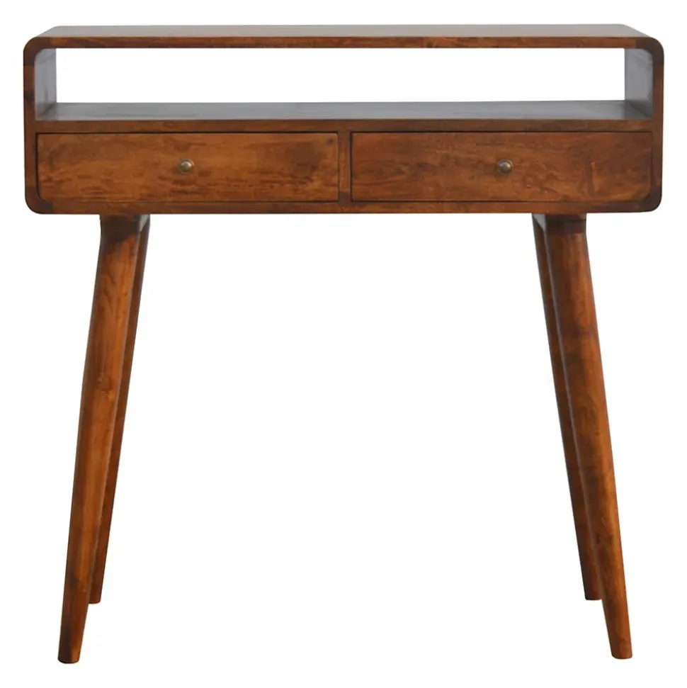 Artisan Furniture Bois massif courbé châtaignier console, 2 tiroirs, 1 niche ouverte, marron foncé