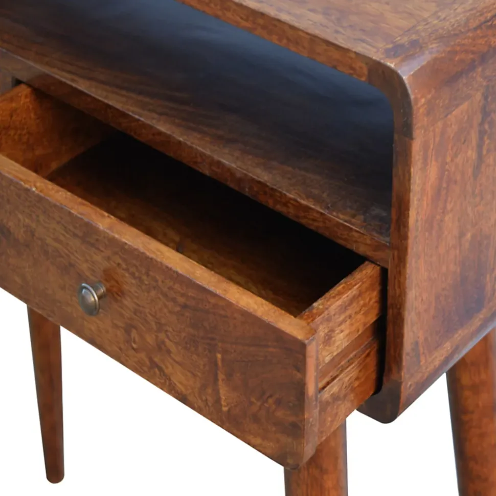 Artisan Furniture Bois massif courbé châtaignier console, 2 tiroirs, 1 niche ouverte, marron foncé