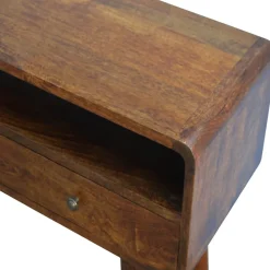 Artisan Furniture Bois massif courbé châtaignier console, 2 tiroirs, 1 niche ouverte, marron foncé