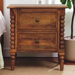Artisan Furniture Bois massif fuseau Leg Amber Oak table de chevet, 2 tiroirs, marron