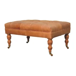 Artisan Furniture Bois massif Buffalo Tan cuir pouf avec avec roulettes, rembourré, marron