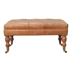 Artisan Furniture Bois massif Buffalo Tan cuir pouf avec avec roulettes, rembourré, marron