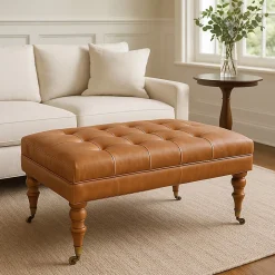 Artisan Furniture Bois massif Buffalo Tan cuir pouf avec avec roulettes, rembourré, marron