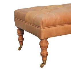 Artisan Furniture Bois massif Buffalo Tan cuir pouf avec avec roulettes, rembourré, marron