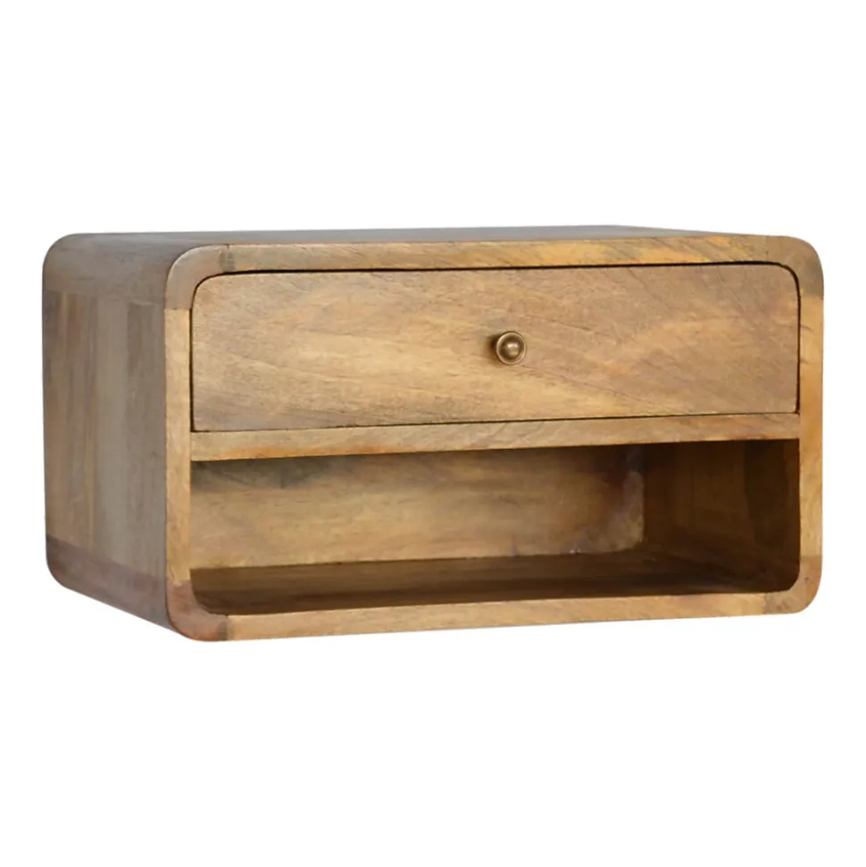 Artisan Furniture Bois massif Floating Curve niche ouverte table de chevet, 1 tiroir et ouvert étagère, beige