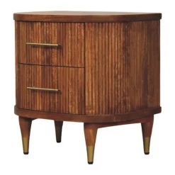 Artisan Furniture Bois massif rainuré table de chevet avec détails en laiton, 2 tiroirs, marron