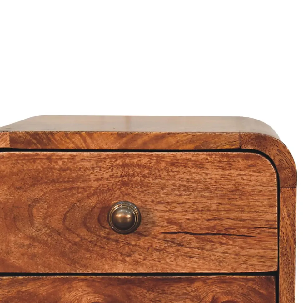 Artisan Furniture Bois massif Mini courbé miel caramel table de chevet à fixation murale, 2 tiroirs, marron