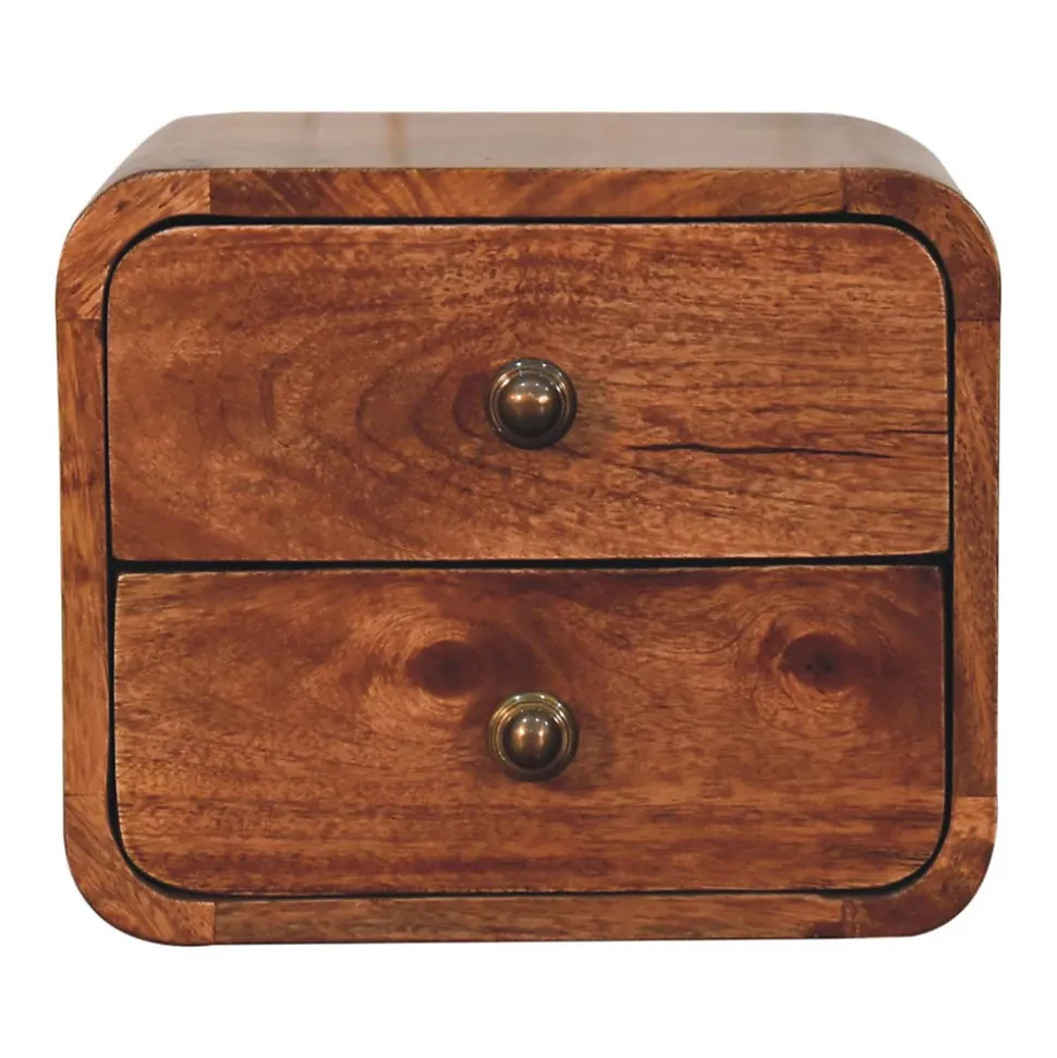 Artisan Furniture Bois massif Mini courbé miel caramel table de chevet à fixation murale, 2 tiroirs, marron