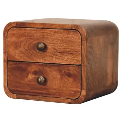 Artisan Furniture Bois massif Mini courbé miel caramel table de chevet à fixation murale, 2 tiroirs, marron