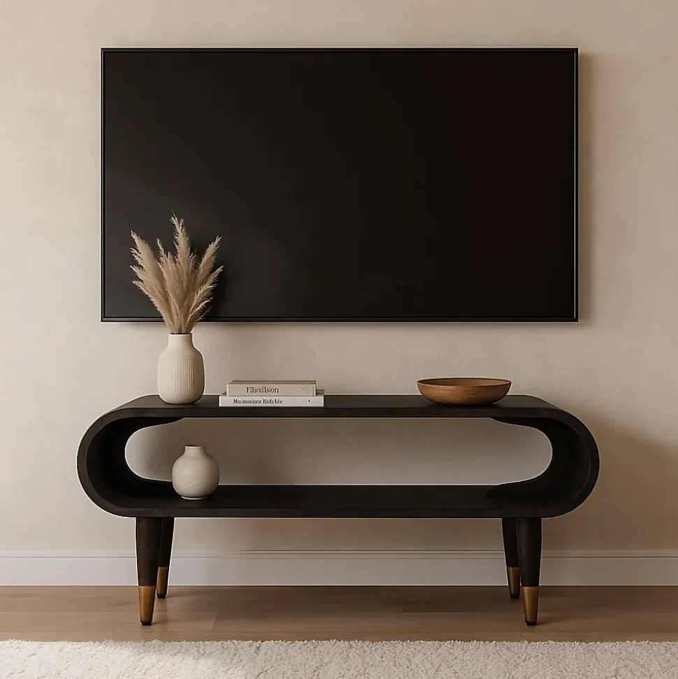Artisan Furniture Bois massif courbé Edge Media avec détails en laiton, 1 niche ouverte, marron foncé