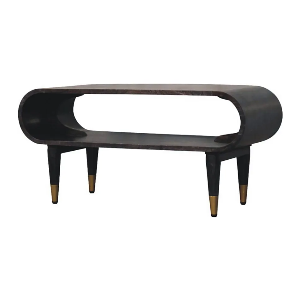 Artisan Furniture Bois massif courbé Edge Media avec détails en laiton, 1 niche ouverte, marron foncé