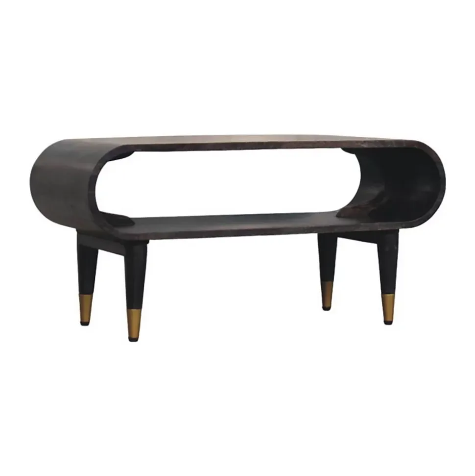 Artisan Furniture Bois massif courbé Edge Media avec détails en laiton, 1 niche ouverte, marron foncé
