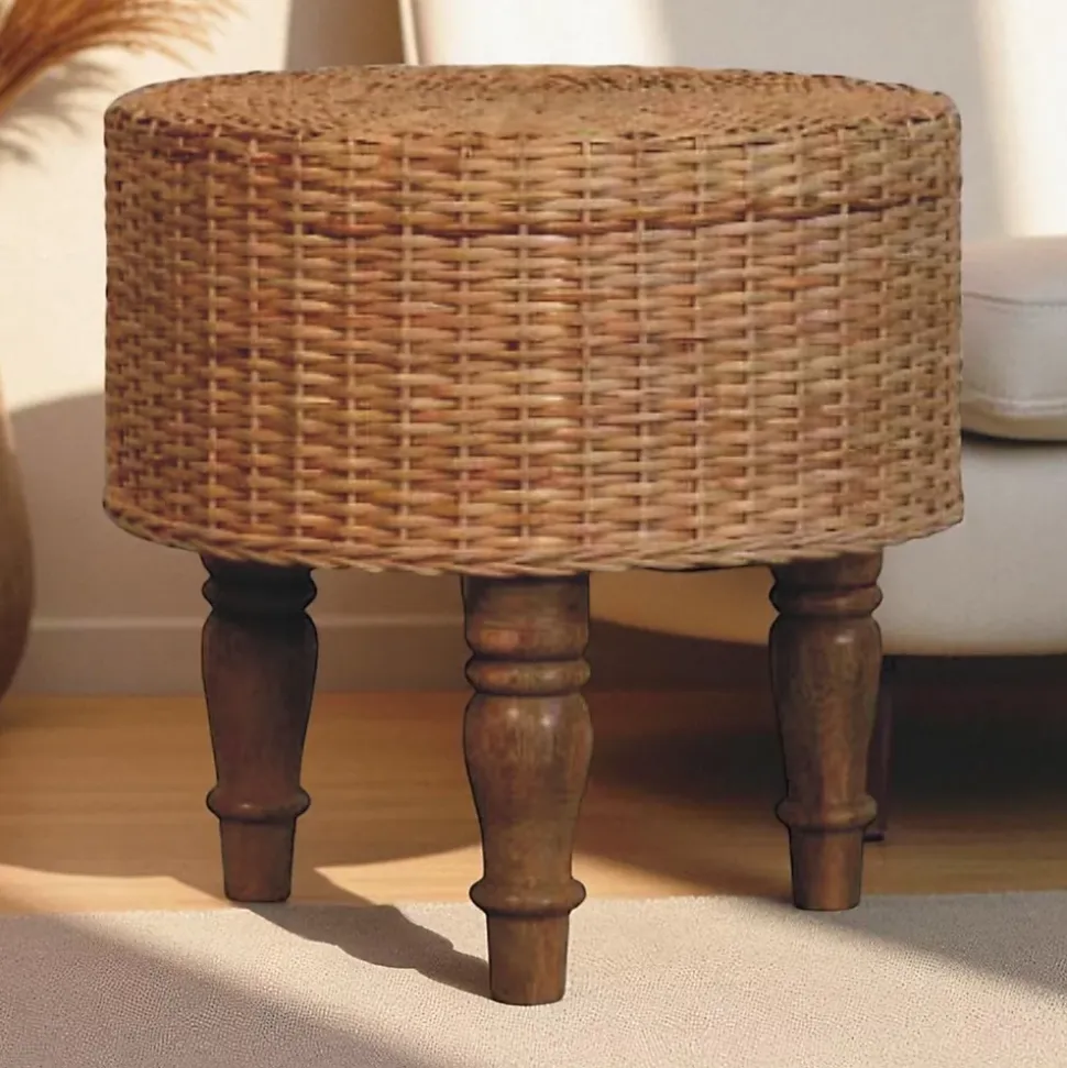Artisan Furniture Bois massif Regency rond tressé tabouret, beige
