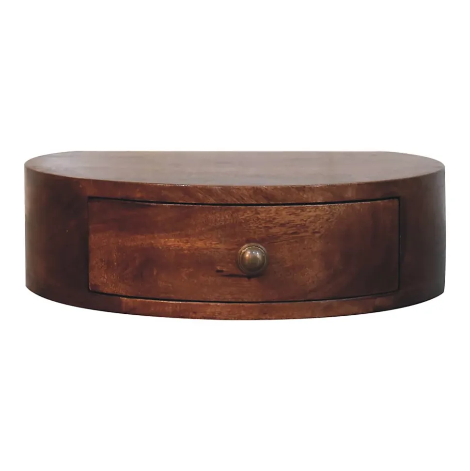 Artisan Furniture Bois massif miel caramel arrondi table de chevet à fixation murale, 1 tiroir, marron foncé
