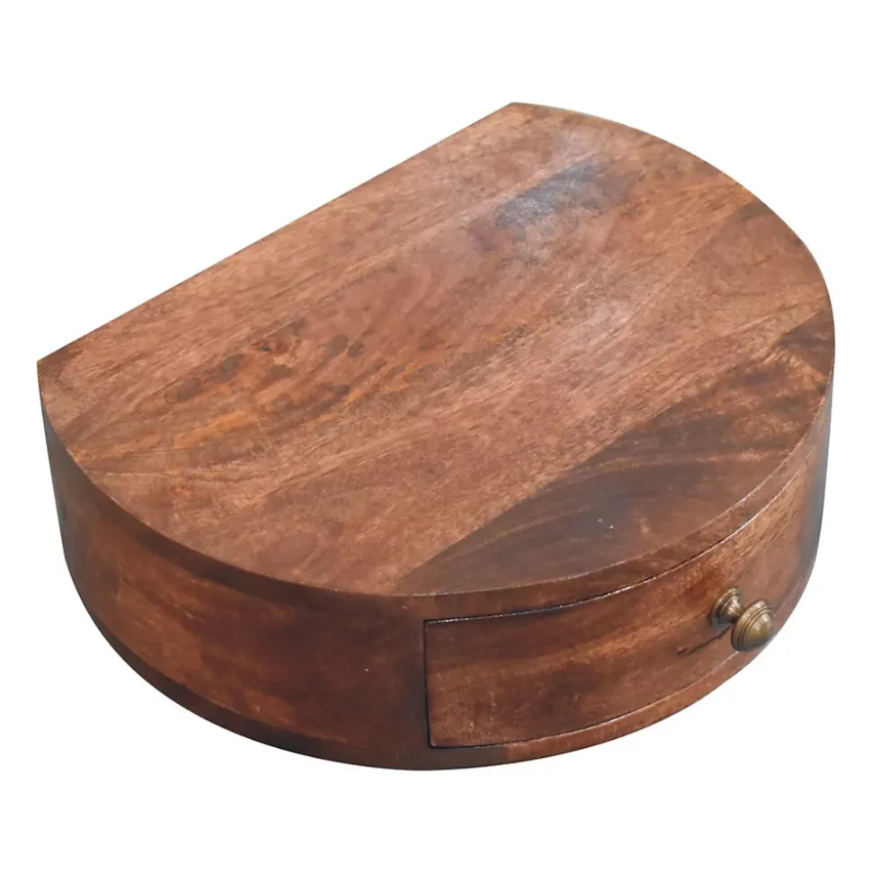 Artisan Furniture Bois massif miel caramel arrondi table de chevet à fixation murale, 1 tiroir, marron foncé