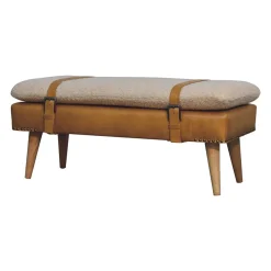 Artisan Furniture Bois massif bouclé peau de buffle Tan cuir banc, rembourré, marron & crème