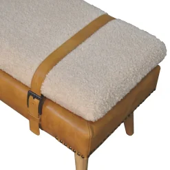 Artisan Furniture Bois massif bouclé peau de buffle Tan cuir banc, rembourré, marron & crème