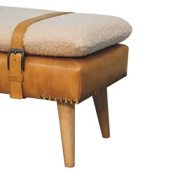 Artisan Furniture Bois massif bouclé peau de buffle Tan cuir banc, rembourré, marron & crème