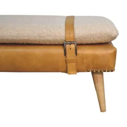 Artisan Furniture Bois massif bouclé peau de buffle Tan cuir banc, rembourré, marron & crème