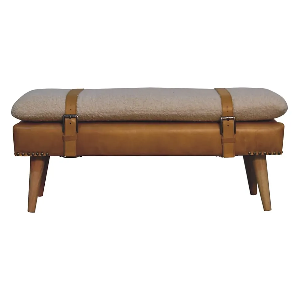Artisan Furniture Bois massif bouclé peau de buffle Tan cuir banc, rembourré, marron & crème