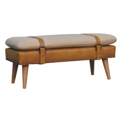 Artisan Furniture Bois massif bouclé peau de buffle Tan cuir banc, rembourré, marron & crème