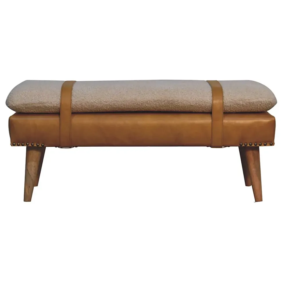 Artisan Furniture Bois massif bouclé peau de buffle Tan cuir banc, rembourré, marron & crème