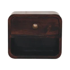 Artisan Furniture Bois massif Mini courbé noyer de Californie table de chevet à fixation murale avec niche ouverte, 1 tiroir