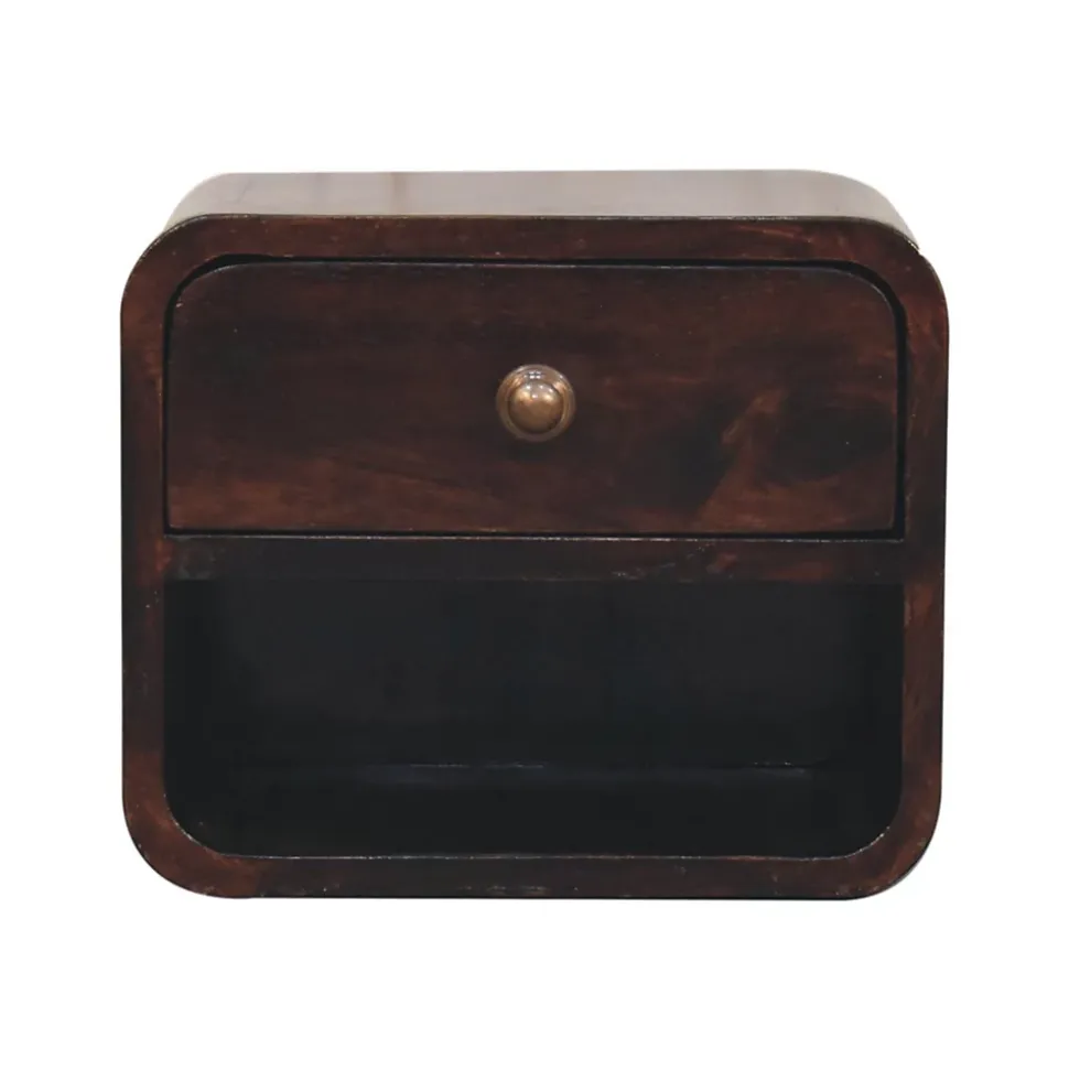 Artisan Furniture Bois massif Mini courbé noyer de Californie table de chevet à fixation murale avec niche ouverte, 1 tiroir