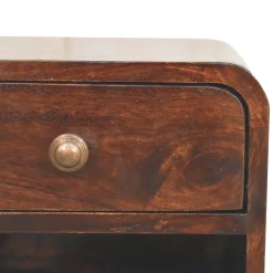 Artisan Furniture Bois massif Mini courbé noyer de Californie table de chevet à fixation murale avec niche ouverte, 1 tiroir