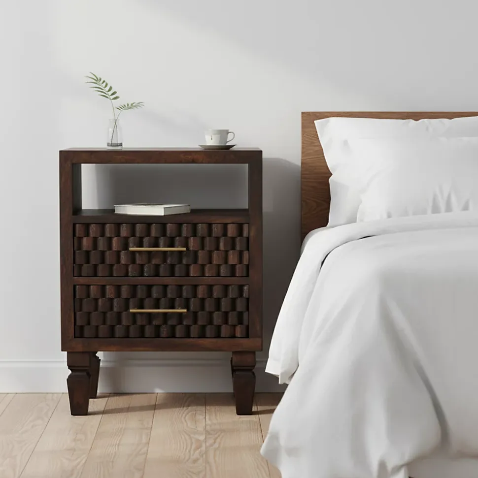 Artisan Furniture Bois massif Arno table de chevet, 2 tiroirs, 1 niche ouverte, marron foncé