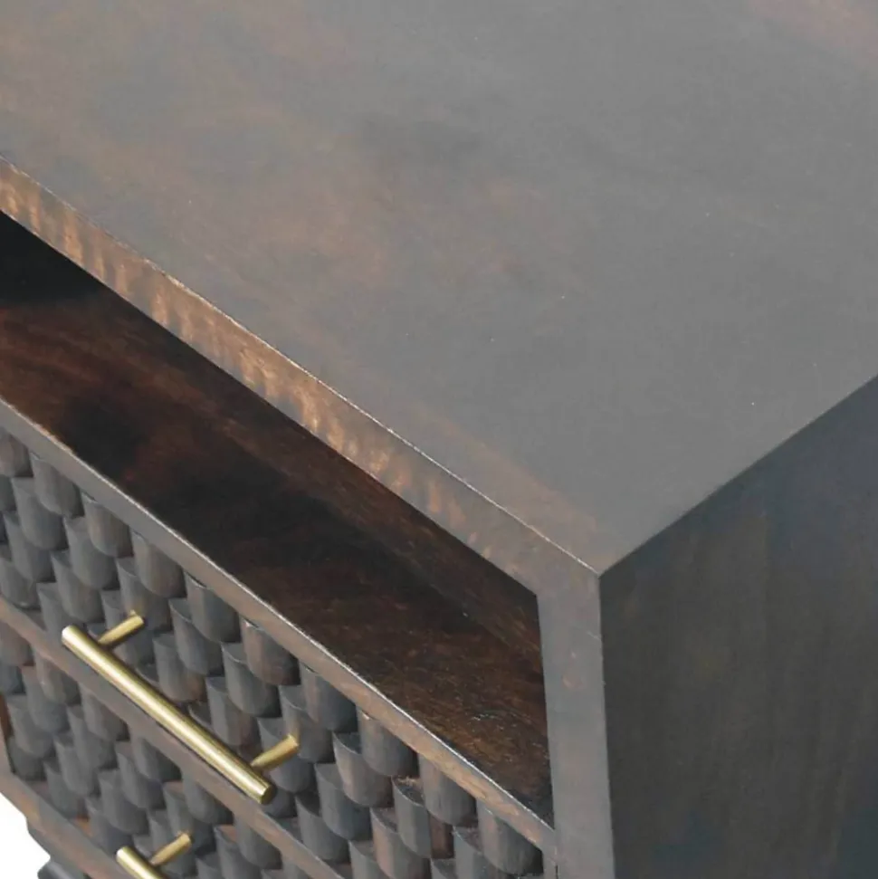 Artisan Furniture Bois massif Arno table de chevet, 2 tiroirs, 1 niche ouverte, marron foncé
