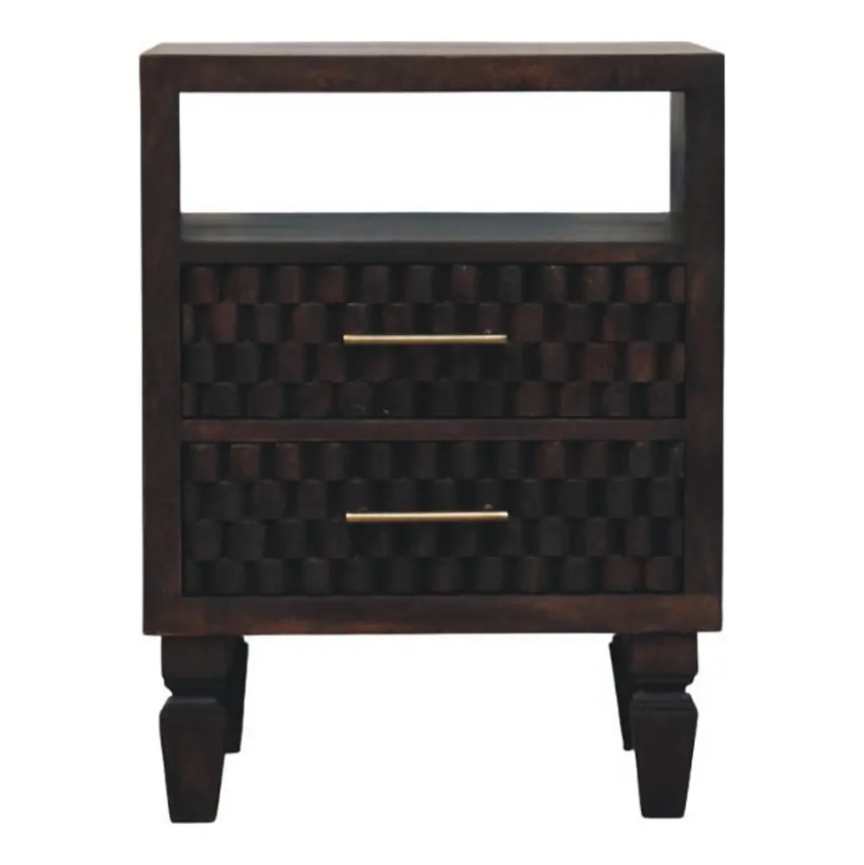 Artisan Furniture Bois massif Arno table de chevet, 2 tiroirs, 1 niche ouverte, marron foncé