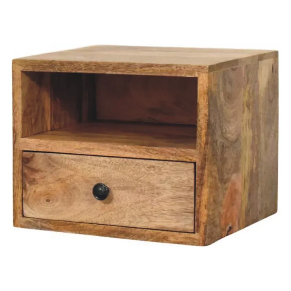Artisan Furniture Bois massif Solis table de chevet à fixation murale, 1 tiroir et niche ouverte, effet chêne, marron