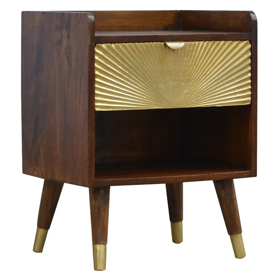 Artisan Furniture Bois massif Manila Gold One Drawer table de chevet, 1 étagère, Darl marron & doré