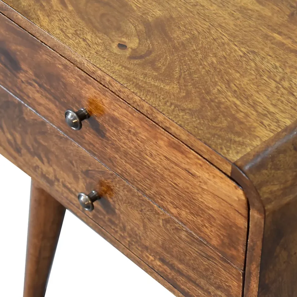 Artisan Furniture Bois massif courbé châtaignier table de chevet, 2 tiroirs, marron foncé