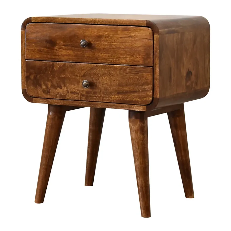 Artisan Furniture Bois massif courbé châtaignier table de chevet, 2 tiroirs, marron foncé