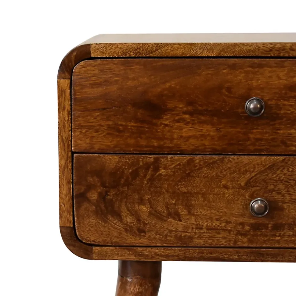 Artisan Furniture Bois massif courbé châtaignier table de chevet, 2 tiroirs, marron foncé