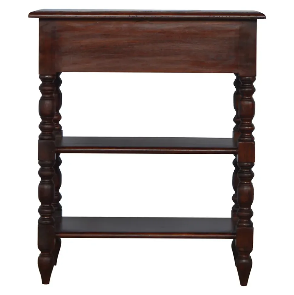 Artisan Furniture Bois massif tourné table d'appoint, 1 tiroir, 2 étagères, marron
