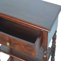 Artisan Furniture Bois massif tourné table d'appoint, 1 tiroir, 2 étagères, marron