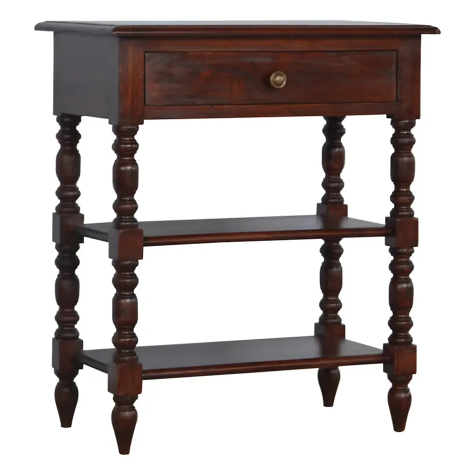 Artisan Furniture Bois massif tourné table d'appoint, 1 tiroir, 2 étagères, marron