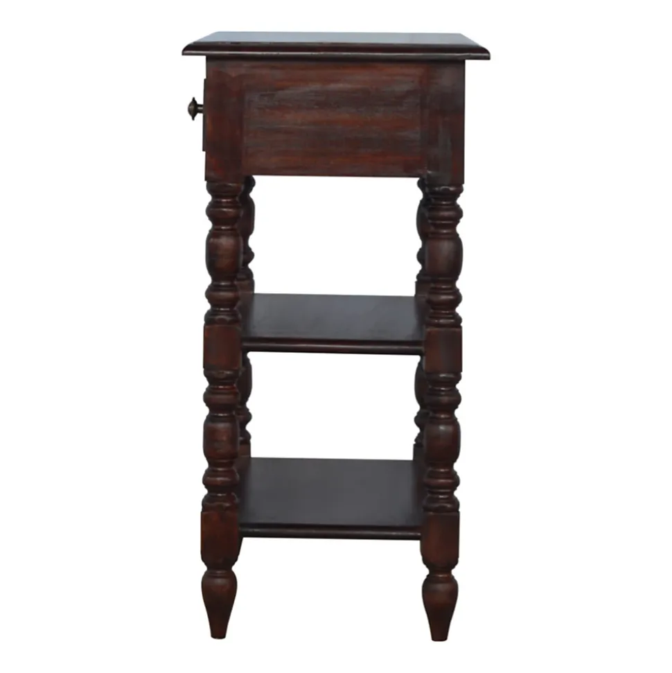 Artisan Furniture Bois massif tourné table d'appoint, 1 tiroir, 2 étagères, marron