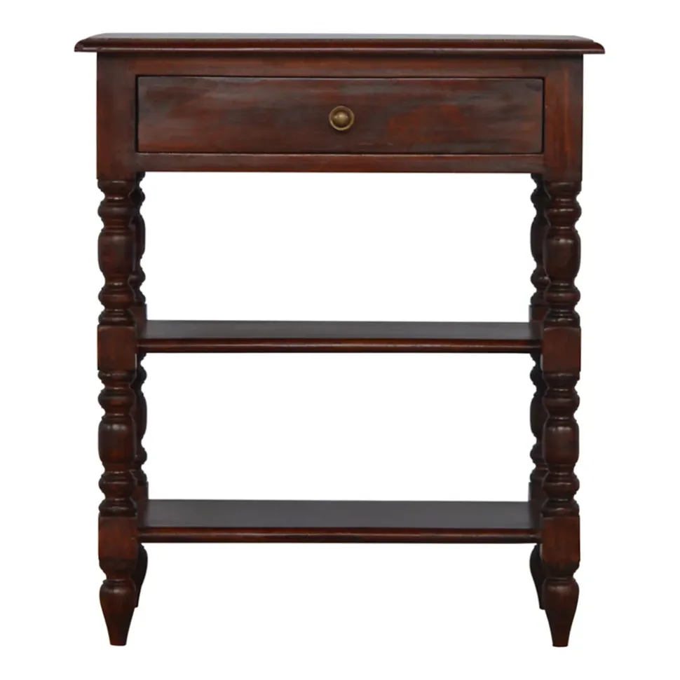 Artisan Furniture Bois massif tourné table d'appoint, 1 tiroir, 2 étagères, marron