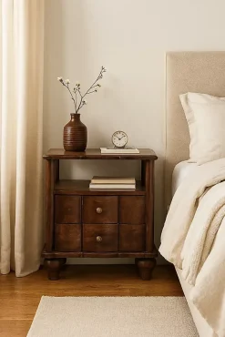 Artisan Furniture Bois massif 2 tiroir table de chevet avec ouvert étagère, marron