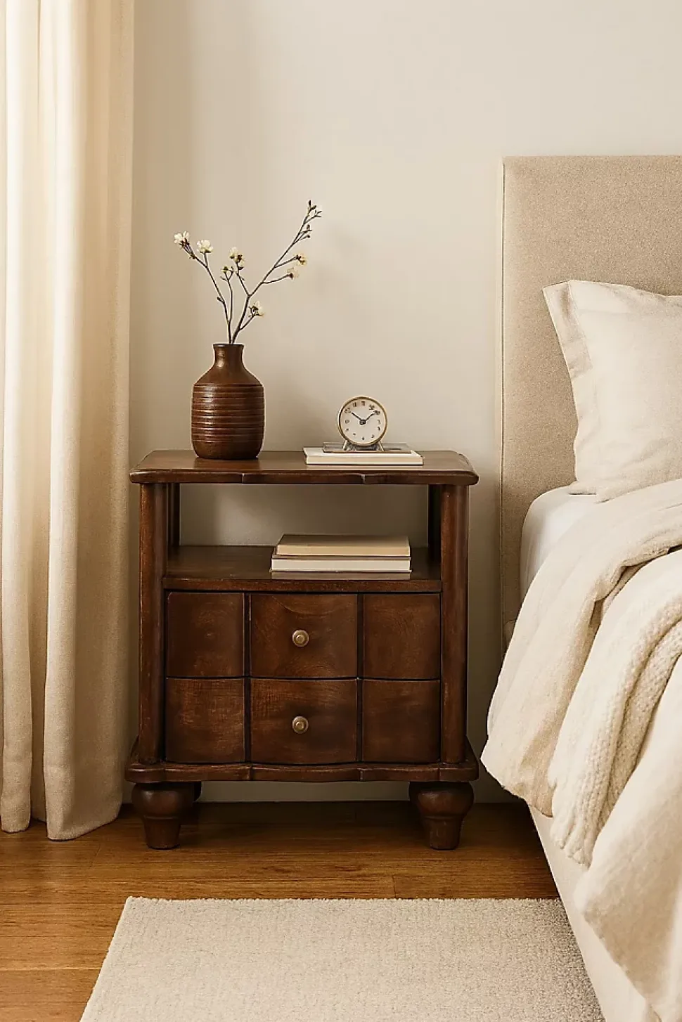 Artisan Furniture Bois massif 2 tiroir table de chevet avec ouvert étagère, marron